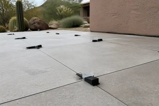 Leveling clips and wedges between large format tiles on a jobsite in Phoenix, AZ.