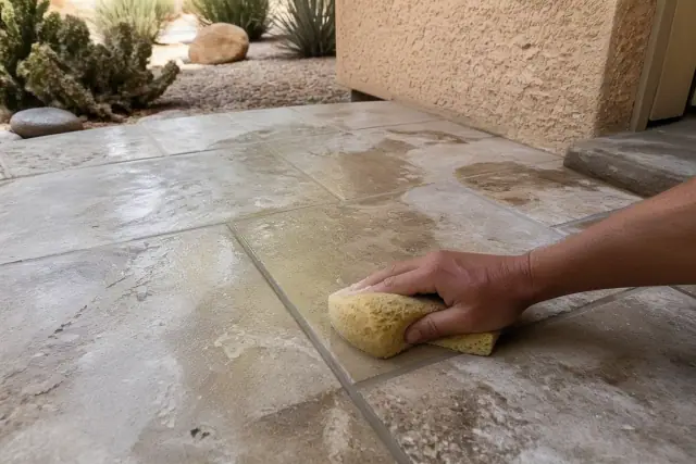 A damp sponge wiping excess mortar from between newly installed stone tiles at a job site in Phoenix, AZ.
