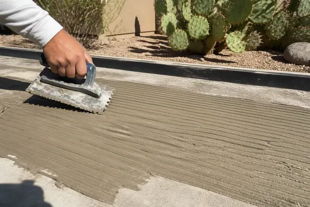 Trowel spreading adhesive on a substrate for tile installation in Phoenix, AZ with prickly pear cacti in the background.