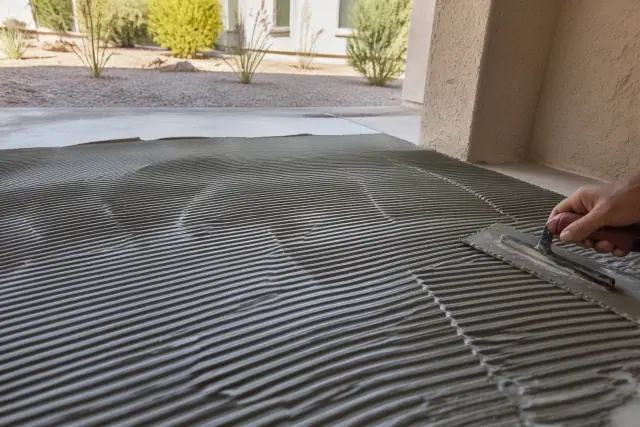 A trowel spreading thinset adhesive on a concrete slab for a tile installation in Phoenix, AZ.