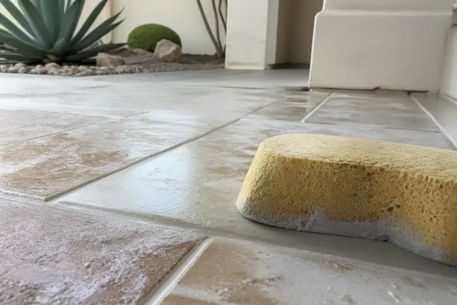 Damp sponge wiping excess grout from new stone tiles at a residential jobsite in Phoenix, AZ.