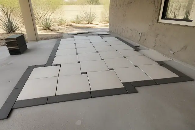 Tile floor layout arranged on a concrete slab at a residential renovation site in Phoenix, AZ.