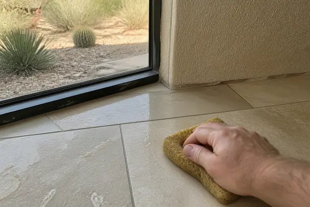 A damp sponge wipes excess mortar from new stone tile grout lines at a residential jobsite in Phoenix, AZ.