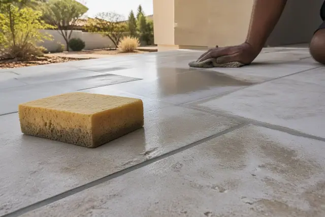 Damp sponge wiping excess grout from newly installed stone floor tiles at a residential site in Chandler, AZ.
