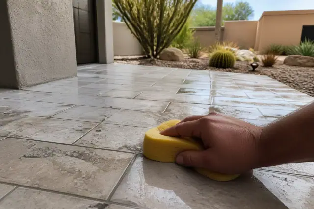 Close-up of a sponge cleaning excess mortar from new stone tile flooring in a Tempe, AZ home.