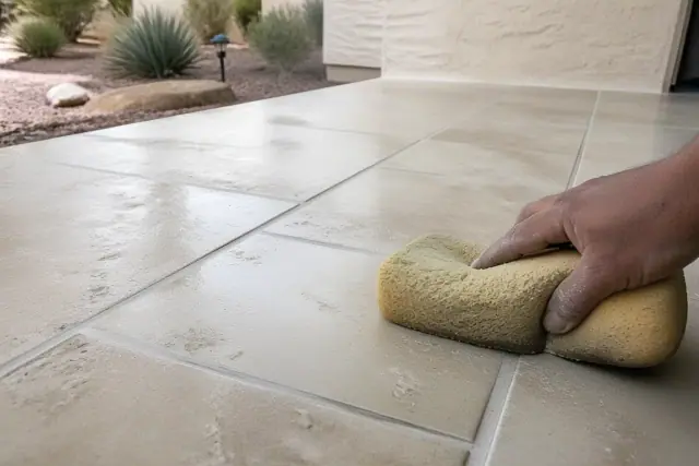 Damp sponge wiping excess mortar from fresh grout lines between stone tiles at a job site in Paradise Valley, AZ.