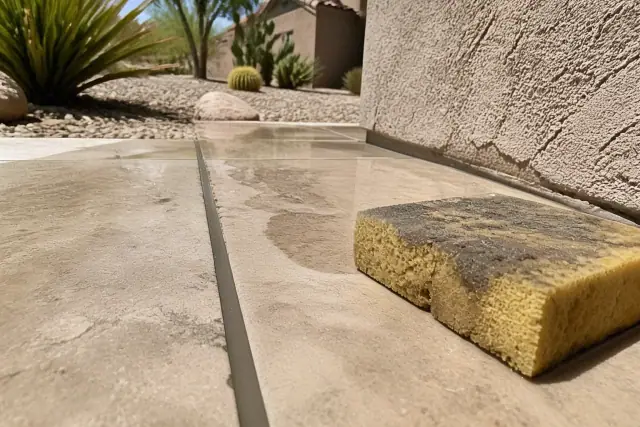 A damp sponge wiping grout from newly installed stone floor tiles at a job site in Peoria, AZ.