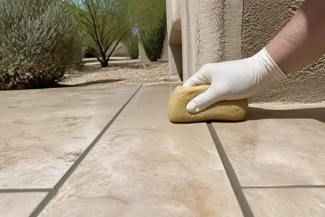 Gloved hand using a damp sponge to clean grout from new tile flooring during a repair project in Glendale, AZ.