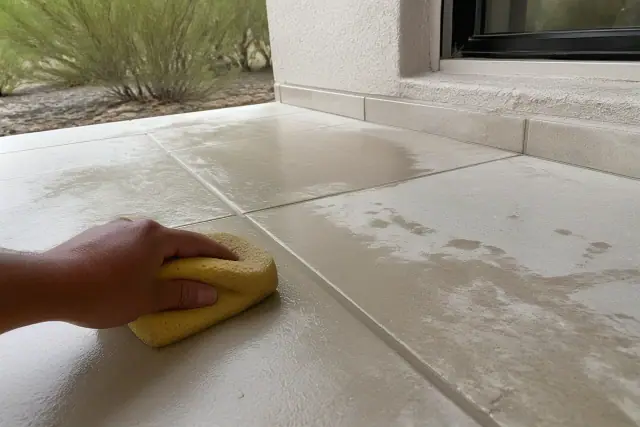A sponge wiping excess mortar from newly installed stone tile flooring in Mesa, AZ.
