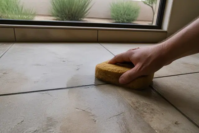 A sponge wiping excess mortar from between newly installed stone floor tiles at a residential job site in Gilbert, AZ.