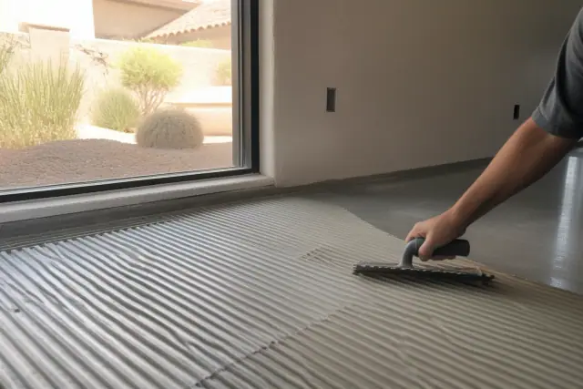 Contractor spreading adhesive on a floor for a tile installation project in Phoenix, AZ.