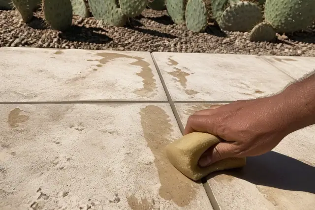 Damp sponge wiping excess mortar from newly installed travertine patio tiles in Phoenix, AZ.