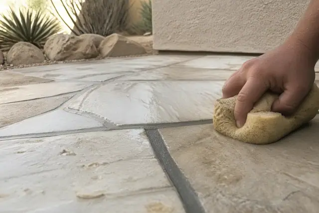 Damp sponge wiping excess unsanded cement grout from stone tile joints at a home in Phoenix, AZ.