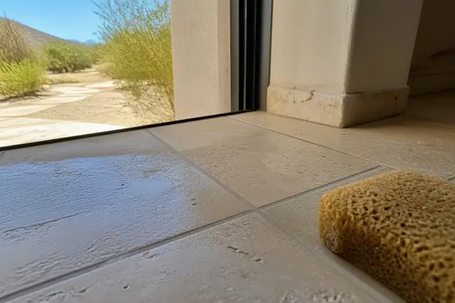 Damp sponge wiping excess grout from between new stone tiles during a residential repair project in Phoenix, AZ.