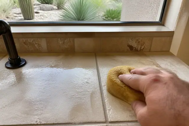 A sponge wiping excess mortar from new stone tile grout lines during a bathroom renovation in Phoenix, AZ.