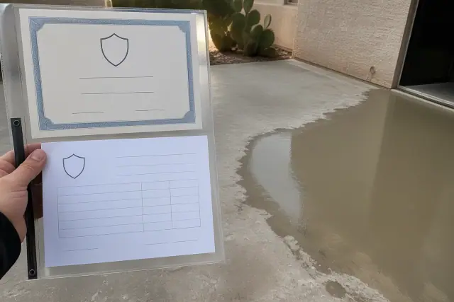 A contractor checks a license and insurance certificate on a concrete floor site in Phoenix, AZ.