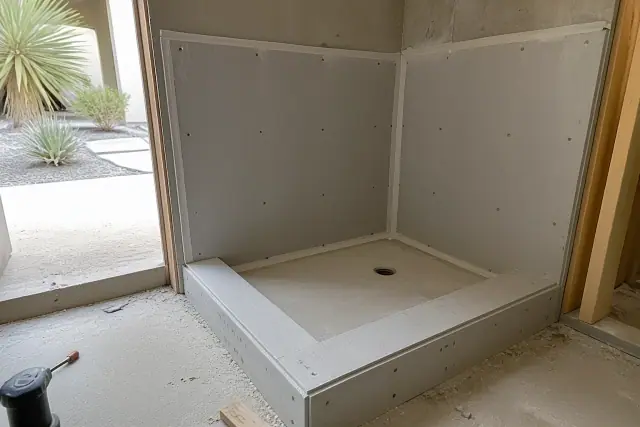 Waterproofed backer board installed at a shower pan during construction in Phoenix, AZ.