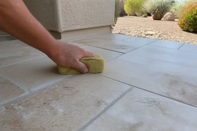 Damp sponge cleaning excess mortar from fresh tile grout lines at a residential jobsite in Phoenix, AZ.
