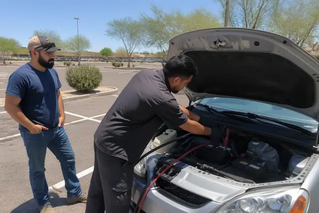 Technician using jumper cables on a car with an open hood in a Phoenix, AZ shopping center parking lot.