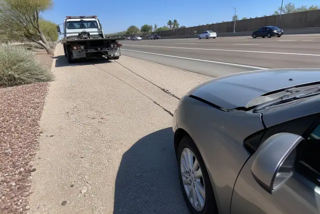 A disabled car connected to a tow truck winch on a gravel shoulder in Phoenix, AZ.