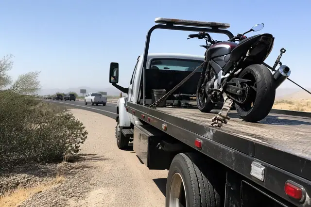 Motorcycle secured on a flatbed tow truck on the side of a highway in Phoenix, AZ.