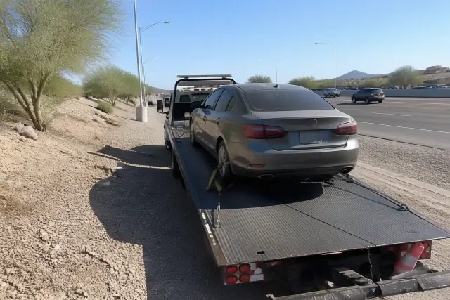 Disabled sedan secured by a winch cable onto a flatbed tow truck on a roadside shoulder in Phoenix, AZ.