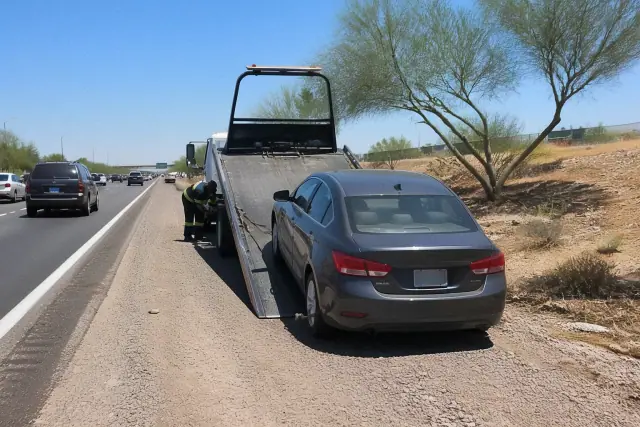 Flatbed tow truck loading a disabled vehicle on a gravel highway shoulder in Phoenix, AZ.
