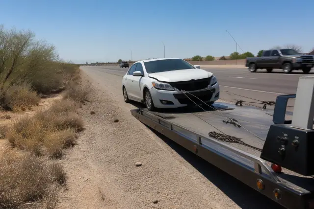 A tow truck with winch cables attached to a disabled vehicle on a highway shoulder in Surprise, AZ.