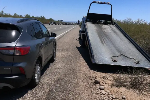 A tow truck with a tilted hydraulic bed loading a disabled vehicle on a gravel shoulder in Mesa, AZ.
