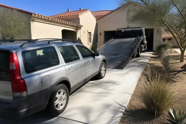 Tow truck parked on a residential driveway in Tempe, AZ, preparing to load a vehicle in a desert landscape.