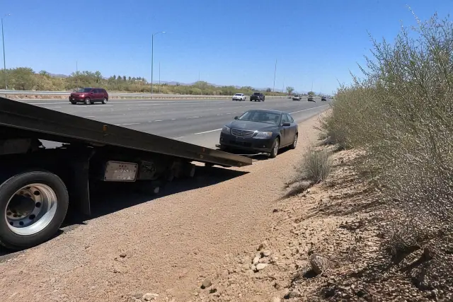 A tow truck loading a disabled vehicle on a highway shoulder in Chandler, AZ under bright sunlight.