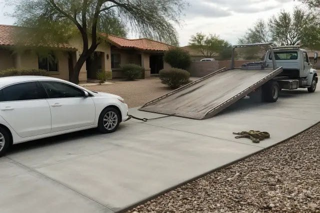 Tow truck winching a car onto a flatbed at a residence in Avondale, AZ.