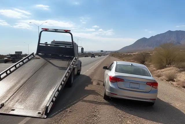 A disabled car on a highway shoulder with a tow truck in Phoenix, AZ, against a backdrop of desert mountains.