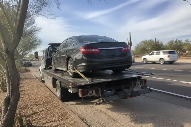 A passenger car secured on a flatbed tow truck on a gravel shoulder in Scottsdale, AZ with saguaros in the background.
