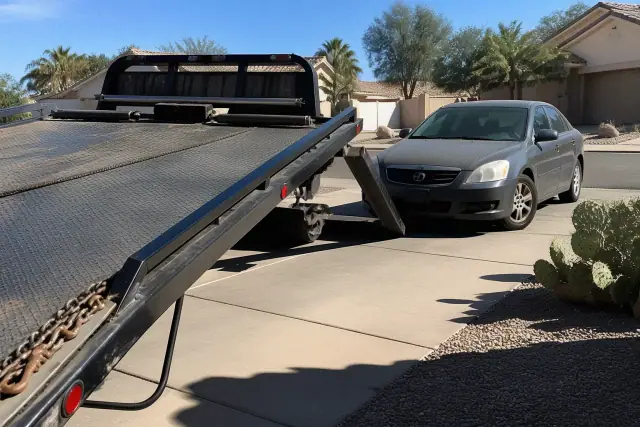 Vehicle on a concrete driveway being prepared for a tow truck in Gilbert, AZ.