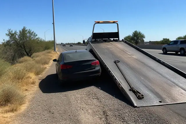 A tow truck with a hydraulic bed loading a disabled vehicle on a roadside in Goodyear, AZ.