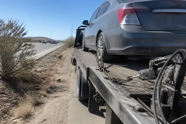 A disabled vehicle being winched onto a flatbed tow truck on a gravel roadside in Phoenix, AZ.