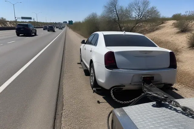 Disabled vehicle on the shoulder of a highway in Phoenix, AZ, with visible recovery chains and cables.