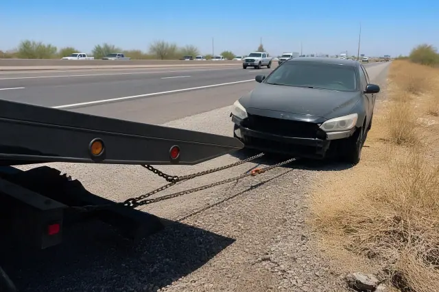 Disabled vehicle being recovered by a tow truck on a roadside in Phoenix, AZ, with heat haze over the asphalt.