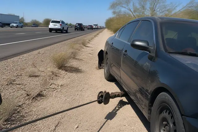 A disabled vehicle being pulled by a tow truck winch on a highway shoulder in Phoenix, AZ.
