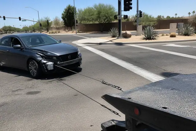 Damaged car being towed by a winch at a road intersection in Phoenix, AZ.