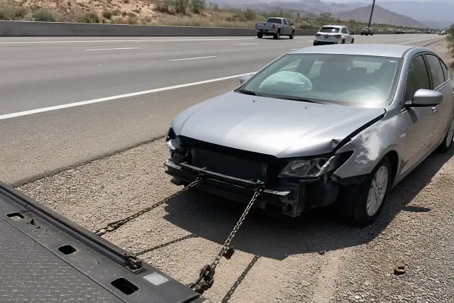 Damaged car with deployed airbags being secured by tow chains on a roadside in Phoenix, AZ.