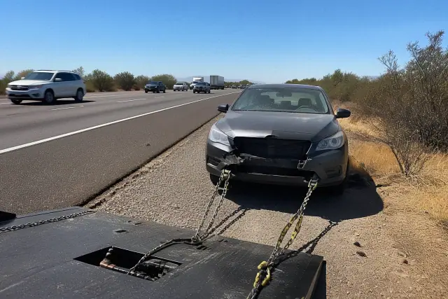 Disabled vehicle secured with chains and straps on a highway shoulder in Gilbert, AZ.