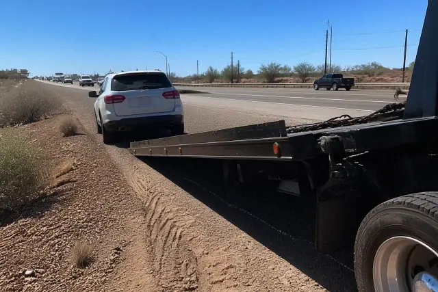Tow truck with a lowered hydraulic bed on a gravel highway shoulder in Peoria, AZ.