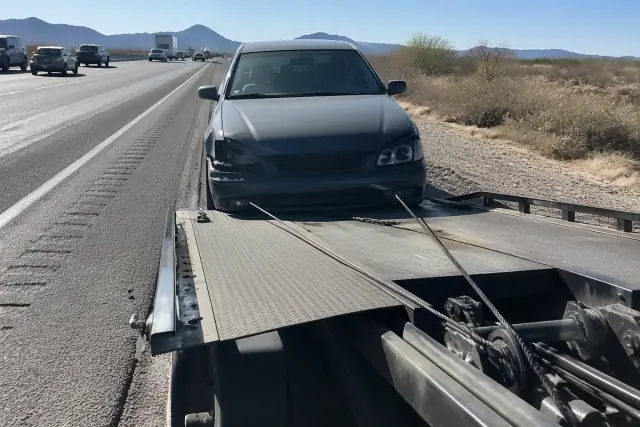 Disabled vehicle on a highway shoulder during accident recovery in Avondale, AZ, with heavy-duty tow equipment.