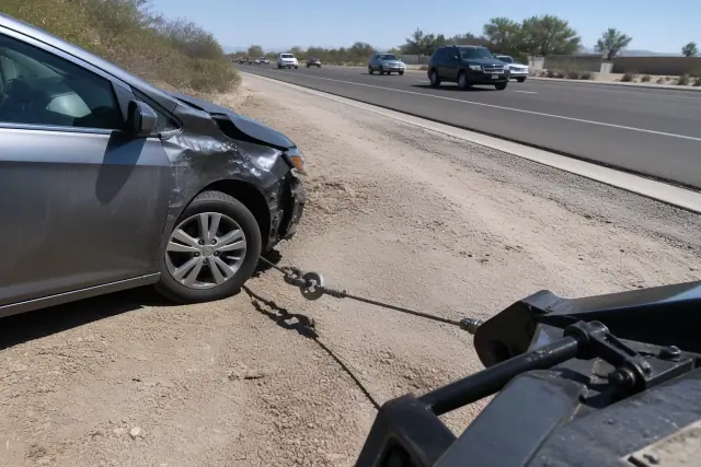 Disabled vehicle with a crumpled fender and towing hook on a gravel shoulder of a roadway in Phoenix, AZ.