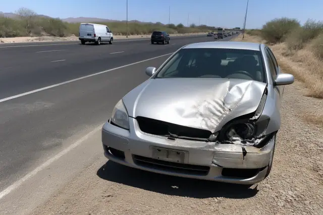 Disabled vehicle parked on the highway shoulder during an accident recovery in Mesa, AZ.