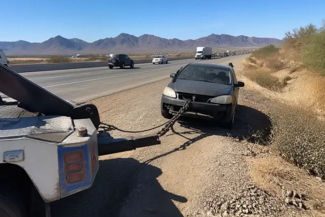 Disabled vehicle on a highway shoulder with winch cables attached during an accident recovery in Goodyear, AZ.