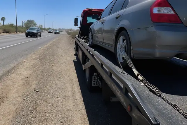 A disabled vehicle being secured to a flatbed tow truck on a highway shoulder in Phoenix, AZ.