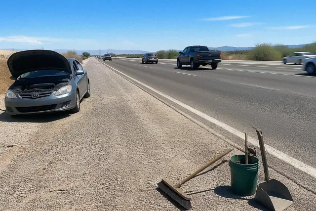 A disabled vehicle being cleared by a cleanup crew on a roadside in Phoenix, AZ.